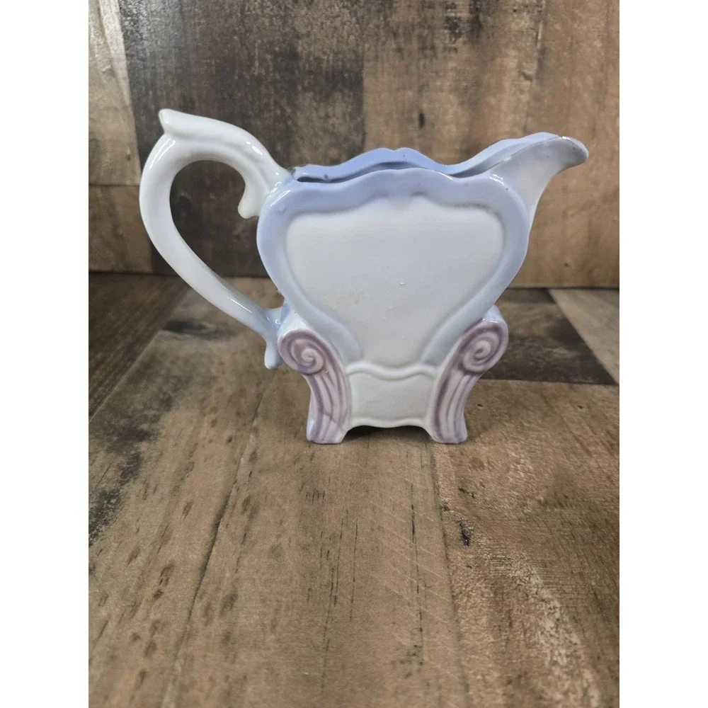 Vintage Periwinkle Blue Ceramic Armchair Creamer Pitcher Sleeping Cat Gold Trim